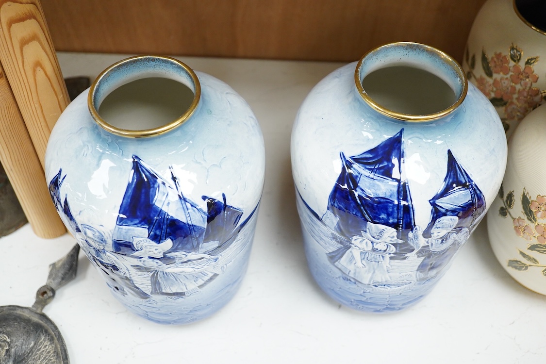 Three pairs of vases to include hexagonal Wilton ware and Delft blue and white, largest 26cm high